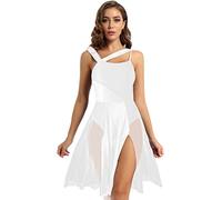 Aiihoo Women's Sleeveless Shoulder Straps Color Block Mesh Leotard Dress Lyrical Modern Contemporary Dancewear White X-Small