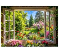 AIIKES 7x5FT Spring Photography Backdrop Spring Window Backdrop Beautiful Garden Landscape Outside the Window Flowers Blooming Decoration Background XY145