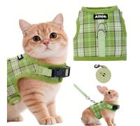 AIITLE Adjustable Bunny Harness & Leash Set - Soft Mesh Liner, Comfort Fit Plaid Pattern Vest with Magic Tape Design, Portable for Small Animal Pets Puppy Cat Rat Squirrel Ferret, Green L