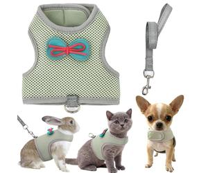 AIITLE Adjustable Cat Harness with Cute Bow - Breathable Vest, Anti-Escape Buckles, Reflective Leash for Training, Parties - Fits Rabbits, Hamsters, Mini Pets Olive-Green L