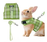 AIITLE Adjustable Soft Harness with Leash for Rabbits, Green S | Magic Tape Design, Lightweight Plaid Pattern Mesh Padding, No Choke No Pull for Puppy Cat Squirrel Ferret, Outdoor Walking