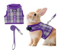 AIITLE Breathable Rabbit Harness and Leash Set - Plaid Pattern Padded Vest with Magic Tape Design, Dual D-Rings, Adjustable for Small Animal Pets, Indoor Outdoor Training Camping, Purple M