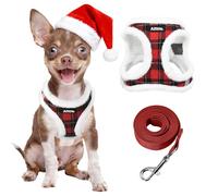 AIITLE Christmas Plush Reflective Dog Harness and Leash Set - Plaid Pattern, Warm, Soft, No-Pull, Secure with Hook & Loop Fastener, Adjustable with Padded Interior for Small Dogs (Red, XXS)