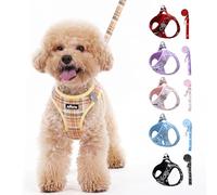 AIITLE Dog Harness Leash Set for Medium Dogs, Step in No Choke Reflective Adjustable Vest Harness with Leash, Breathable Plaid No Pull Harness for Walking, Running, Hiking, Camping, Beige L