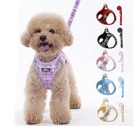 AIITLE Dog Harness Leash Set for Medium Dogs, Step in No Choke Reflective Adjustable Vest Harness with Leash, Breathable Plaid No Pull Harness for Walking, Running, Hiking, Camping, Purple L