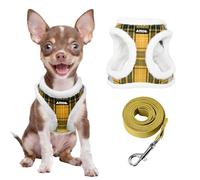 AIITLE Plush Dog Harness and Leash Set - Plaid Pattern, Soft & Warm, Reflective, No-Pull, Secure with Hook & Loop Fastener, Adjustable for Extra Small Dogs - Walking, Training (Yellow, XXXS)