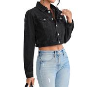 AiiUp Cropped Jean Jacket for Women Long Sleeve Classic Casual Crop Top Denim Jackets Coat, Black, Large