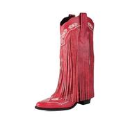 AIJIVOU Embroidered Fringe Cowboy Boots for Women, Pull On Mid Calf Chunky Block Heel Pointed Toe Western Cowgirl Boots Riding Country Boot Retro Boots, Red, 5.5 UK