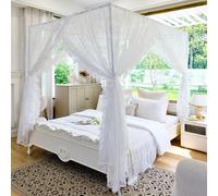 AIKASY Elegant Lace Princess 4-Poster Bed Canopy Mosquito Net - Romantic Wedding Bridal Bedroom Decor, Kids Room Bed Curtain for Women Adults - (White-2,Queen)