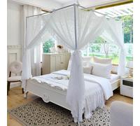 AIKASY Elegant Lace Princess 4-Poster Bed Canopy Mosquito Net - Romantic Wedding Bridal Bedroom Decor, Kids Room Bed Curtain for Women Adults - (White-3,King)