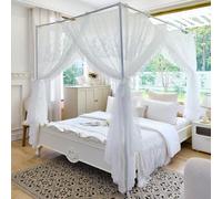 AIKASY Elegant Lace Princess 4-Poster Bed Canopy Mosquito Net - Romantic Wedding Bridal Bedroom Decor, Kids Room Bed Curtain for Women Adults - (White1,Twin)