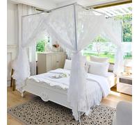 AIKASY Elegant Lace Princess 4-Poster Bed Canopy Mosquito Net - Romantic Wedding Bridal Bedroom Decor, Kids Room Bed Curtain for Women Adults - (White-4,King)