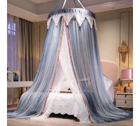 AIKASY Girls and Adults Canopy Bed, Elegant Double-Layer Bed Curtain, Children's Dream Round Lace Mosquito Net, Princess Canopy Net - Fits Twin, Full, Queen, and King Beds (White/Blue)