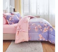 AIKASY Pink and Light Blue Queen Comforter Set with Sheets,Bed in a Bag 7-Pieces,Branches and Flowers Printing Design,Ultra Soft Down Alternative All Season Bedding Set(Queen,Blossom Stem)