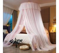 AIKASY Princess Bed Canopy for Girls & Adults, Elegant Double-Layer Bed Curtain, Children's Dream Round Lace Mosquito Net - Fits Twin, Full, Queen, and King Beds(Pink/White)