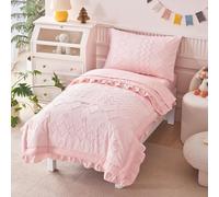 AIKASY Toddler Bedding Set 4 Pieces Super Soft Comforter Set, Shabby Boho Bohemian Design for Boys and Girls（Ruffle Fringe Comforter, Flat Sheet, Fitted Sheet and Pillowcase）- Coral Pink