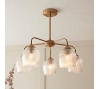 aiken 5 light ribbed glass ceiling light in brushed aged brass