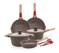 AIKENBBKK Ceramic Pots and Pans Set Nonstick, 9-Pcs Cast Aluminum Kitchen Cookware Set with Lid/ 20/24/28cm Frying Pans & Saucepans with Detachable Handle, PTFE & PFOA Free- Brown