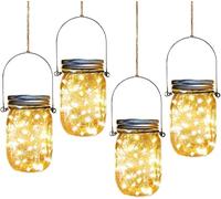 Aikeve 4 Pack 30-LED Solar Mason Jar Lights, Hanging Lanterns with Glass Jars, Handles & Solar Lids, Water Resistant, LED Type, Perfect for Indoor/Outdoor Decor