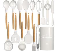 AIKKIL Silicone Cooking Kitchen Utensils Set, 16 Pcs Cooking Utensils Set with Holder, Heat Resistance, Wooden Handle Silicone Kitchen Gadgets Utensil Set for Nonstick Cookware(White)