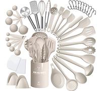 AIKKIL Silicone Kitchen Cooking Utensils Set, 43 Pcs Heat Resistant Khaki Cooking Utensils Set, Turner, Tongs, Spoon, Spatula, Kitchen Gadgets Tools Set for Nonstick Cookware(Dishwasher, BPA Free)