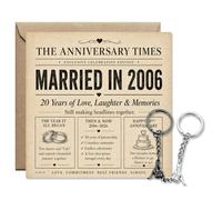 AIKOBAA 20th Wedding Anniversary Card - Vintage Newspaper Card with Couple Keyrings, 20 Year Married in 2006 Celebration Set, Keepsake for Husband Wife