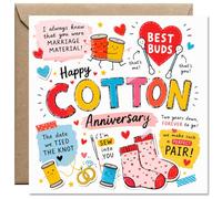 AIKOBAA 2nd Anniversary Card - Funny Cotton Anniversary Design with Sewing Puns, ‘Marriage Material’ & ‘Sew Into You’, 14x14cm 300gsm with Kraft Envelope