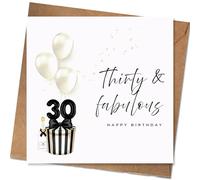 AIKOBAA 30th Birthday Card - Thirty and Fabulous Design, Black and Gold with Balloons, Gift Box and Champagne, 14x14cm, Minimalist Keepsake