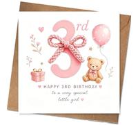AIKOBAA 3rd Birthday Card Girl - Watercolour Teddy Bear & Pink Bow Design, ‘Happy 3rd Birthday to a Very Special Little Girl’, 14x14cm 300gsm with Kraft Envelope (3rd)