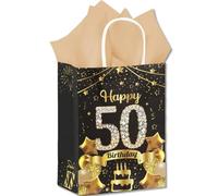 AIKOBAA 50th Birthday Gift Bag, Black Gold 50th Wrapping Paper with Tissue Paper, 50th Birthday Gifts for Men Women, 50 Year Old Present Party Supplies (22cm x 15.7cm x 8cm)