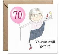 AIKOBAA 70th Birthday Cards for Women - Stylish Grandma Dancing with Champagne & ‘70’ Balloon, You've Still Got It, 14x14cm with Kraft Envelope