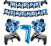 AIKOBAA 7th Birthday Banner Decorations for Boys, Blue Gaming Party Set with Controller Foil Balloons, Happy Birthday Banners Balloon Cake Topper, Gaming Balloons 7 Year Old Party Supplies