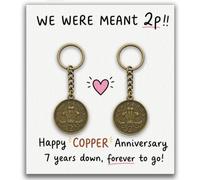 AIKOBAA 7th Wedding Anniversary Card - Copper Anniversary Presents for Him Her, 2p Coin Keychain Set, Copper Gifts for Men,with Card.