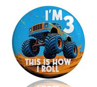 AIKOBAA Birthday Boy Badge - I'm 3 Monster Truck Pin, 75mm Round Badge with 'This Is How I Roll', Durable Metal Back, Birthday Party Accessory for 3 Year Old
