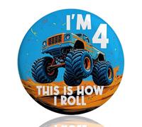 AIKOBAA Birthday Boy Badge - I'm 4 Monster Truck Pin, 75mm Round Badge with 'This Is How I Roll', Durable Metal Back, Birthday Party Accessory for 4 Year Old
