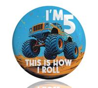 AIKOBAA Birthday Boy Badge - I'm 5 Monster Truck Pin, 75mm Round Badge with 'This Is How I Roll', Durable Metal Back, Birthday Party Accessory for 5 Year Old