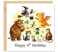 AIKOBAA Children’s Birthday Card - 4th Birthday with Storybook Characters, Watercolour Art, Dragon & Wizard, Gold Foil ‘Happy 4th Birthday’, 14x14cm with Kraft Envelope