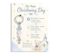 AIKOBAA Christening Gifts for Boys - Blue & Clear Crystal Keyring with Pearl & Cross Charm, ‘On Your Christening Day’ Card, Baptism Keepsake for Baby (blue)