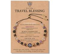 AIKOBAA Evil Eye Travel Blessing Crystal Bracelet, Safe Travels Good Luck Charm with Amethyst Black Tourmaline Tiger Eye Clear Quartz, Protection Gift for Women, Bon Voyage