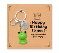 AIKOBAA Frog Keyring - Cute Sitting Frog with ‘Hoppy Birthday’ Card, Engraved Happy Birthday Tag, Punny Gift for Friend, 5cm Resin Keychain
