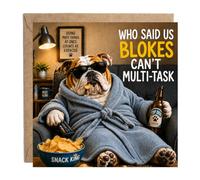 AIKOBAA Funny Birthday Card for Men - Bulldog in Dressing Gown with Beer & Crisps, Multitasking Blokes Joke Card for Dad Husband Brother, Blank Inside with Kraft Envelope