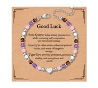 AIKOBAA Good Luck Bracelet - Natural Rose Quartz, Amethyst & Tiger Eye Beads, Adjustable with Silver Love Heart Charm, Crystal Gift for Her, 18.5cm + 5cm Chain