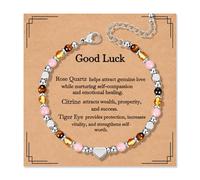 AIKOBAA Good Luck Bracelet - Rose Quartz, Citrine & Tiger Eye Beads, Adjustable Lobster Clasp with Silver Love Heart Charm, Crystal Gift for Her, 18.5cm + 5cm Chain
