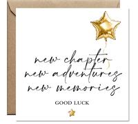 AIKOBAA Good Luck Card - New Chapter, New Adventures, New Memories, Gold Star Balloon Design, Black Hand Lettering, 14x14cm 300gsm with Kraft Envelope