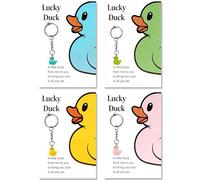 AIKOBAA Good Luck Charm - Set of 4 Colourful Duck Keyrings (Yellow, Pink, Blue, Green) with Inspirational Cards, Cute Lucky Gifts for Friends, Students, Coworkers