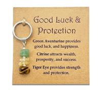 AIKOBAA Good Luck & Protection Crystal Set, Crushed Stone Keychain with Green Aventurine Citrine Tiger Eye, Wealth Success Strength Gift for New Job, Meaningful Present for Opportunities with Blessing