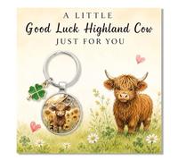AIKOBAA Highland Cow Keyring - Lucky Charm with Four Leaf Clover, Watercolour Style, ‘A Little Good Luck Just for You’ Card, 6cm Metal Keychain for Women Men