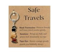 AIKOBAA Safe Travels Crystal Gift Set, Crushed Stone Keychain with Black Tourmaline Sunstone Tiger Eye, Good Luck Charm for Luggage Backpack, Bon Voyage Present for Women Men, Journey Blessing Card