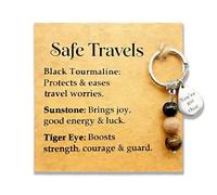 AIKOBAA Safe Travels Crystal Gift Set, Travel Protection Keychain with Blessing Card, Good Luck Journey Present with Protective Stones, Bon Voyage Gift for Travelers
