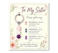 AIKOBAA Sister Birthday Gifts - Crystal Keyring with Amethyst, Moonstone & Rose Quartz, ‘Keep Glowing’ Card, To My Sister, Encouragement Gift for Women